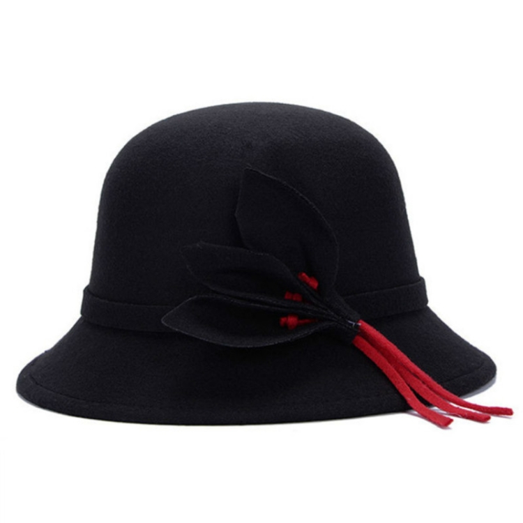 Autumn and Winter Ladies Pot Cap Woolen Top Hat with Flower Decoration, Size:One Size(Black)