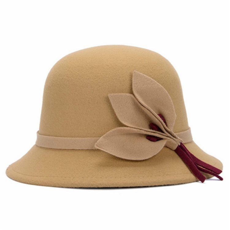Autumn and Winter Ladies Pot Cap Woolen Top Hat with Flower Decoration, Size:One Size(Camel)