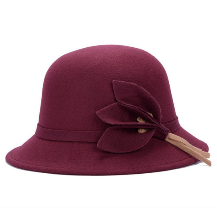 Autumn and Winter Ladies Pot Cap Woolen Top Hat with Flower Decoration, Size:One Size(Red Wine)