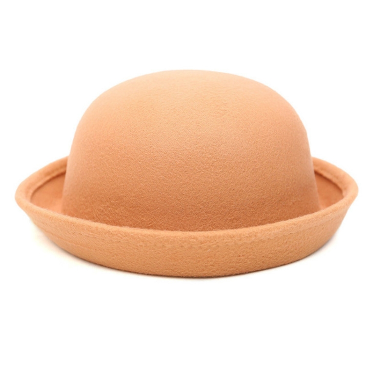 Autumn and Winter Women Simple British Style Felt Hat Rolled Brim Dome Wool Hat(Khaki)