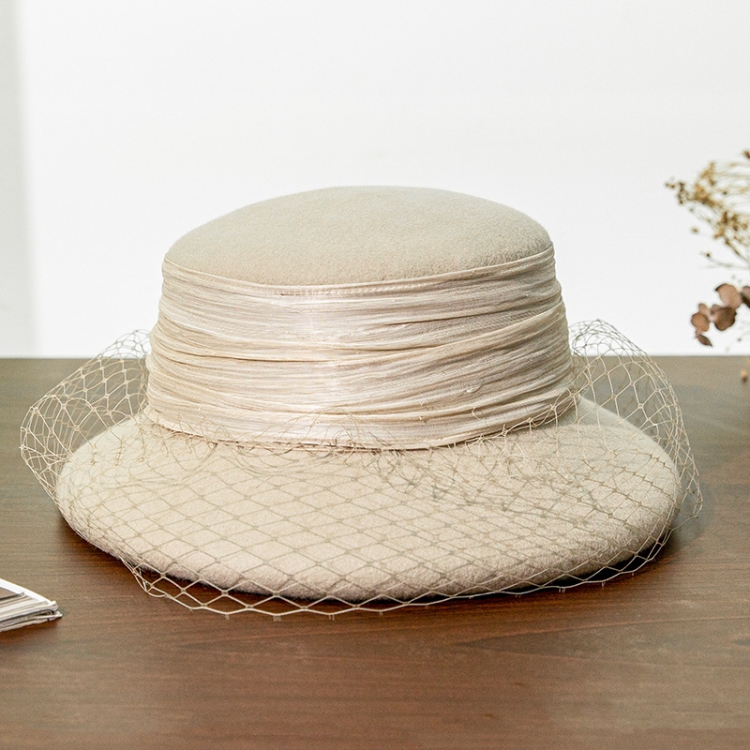 Autumn And Winter Wool Felt Beret Round Top Mesh Decorative Hat, Color: Beige