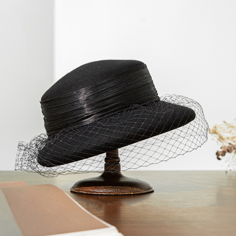 Autumn And Winter Wool Felt Beret Round Top Mesh Decorative Hat, Color: Black
