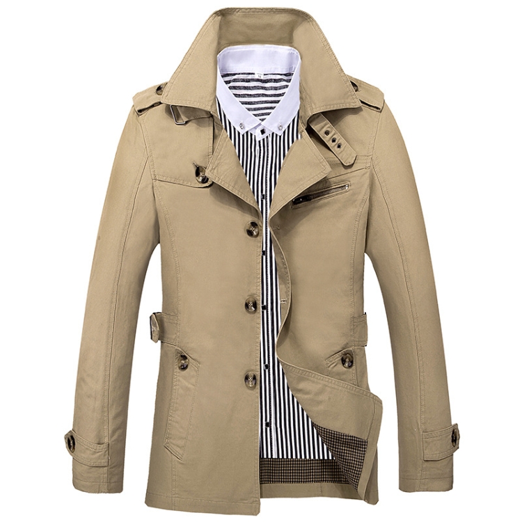 Autumn Men Mid-length Casual Windbreaker Jacket, Size: XL(Khaki)