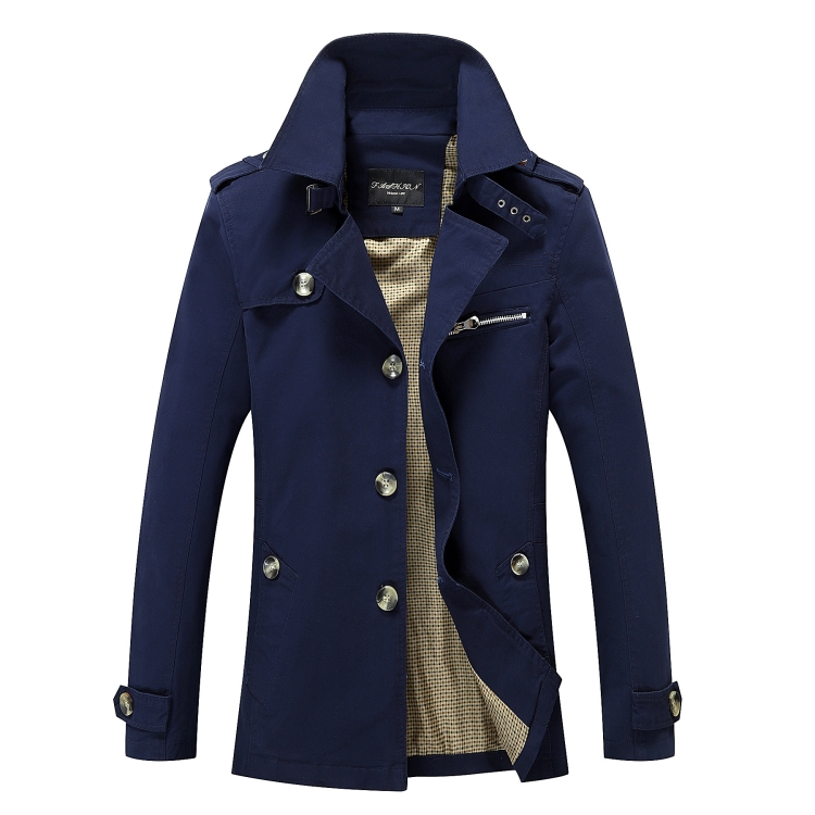Autumn Men Mid-length Casual Windbreaker Jacket, Size: XXXL(Dark Blue)