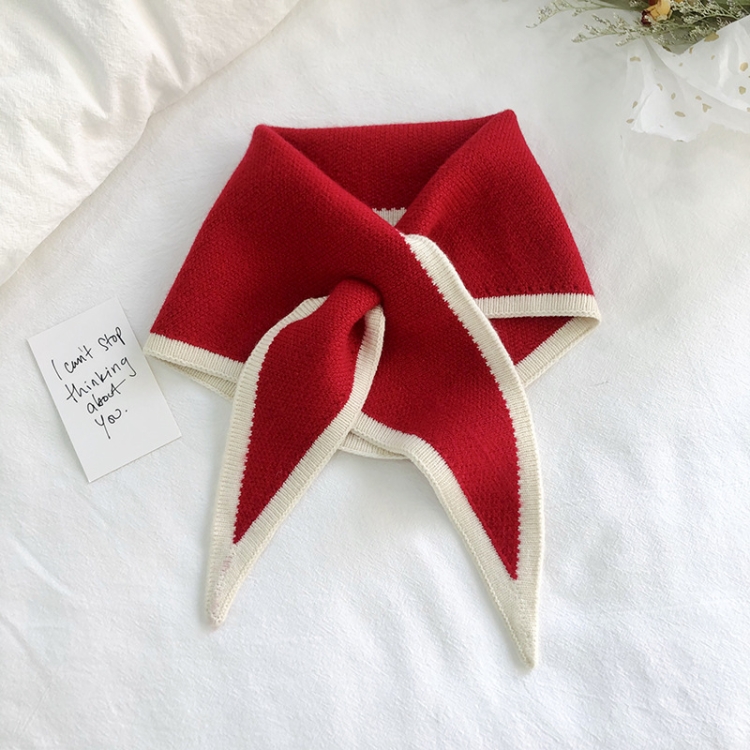 Autumn & Winter Knitted Woolen Scarf Women Two-colors Mini Triangle Scarf Warm Scarf, Length (CM): 80-100cm(China Red)