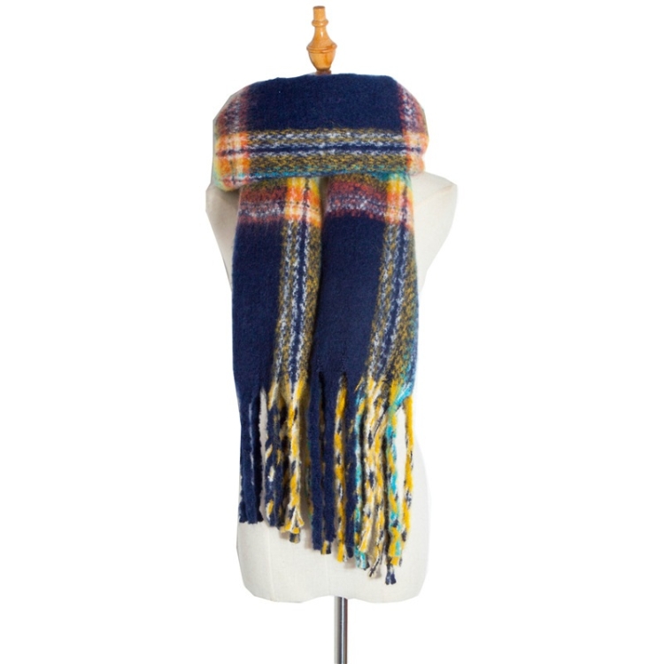 Autumn & Winter Polyester Ladies Warmth Thickened Fringed Fine Grid Scarf, Size:190cm(GWB12-02 Navy)
