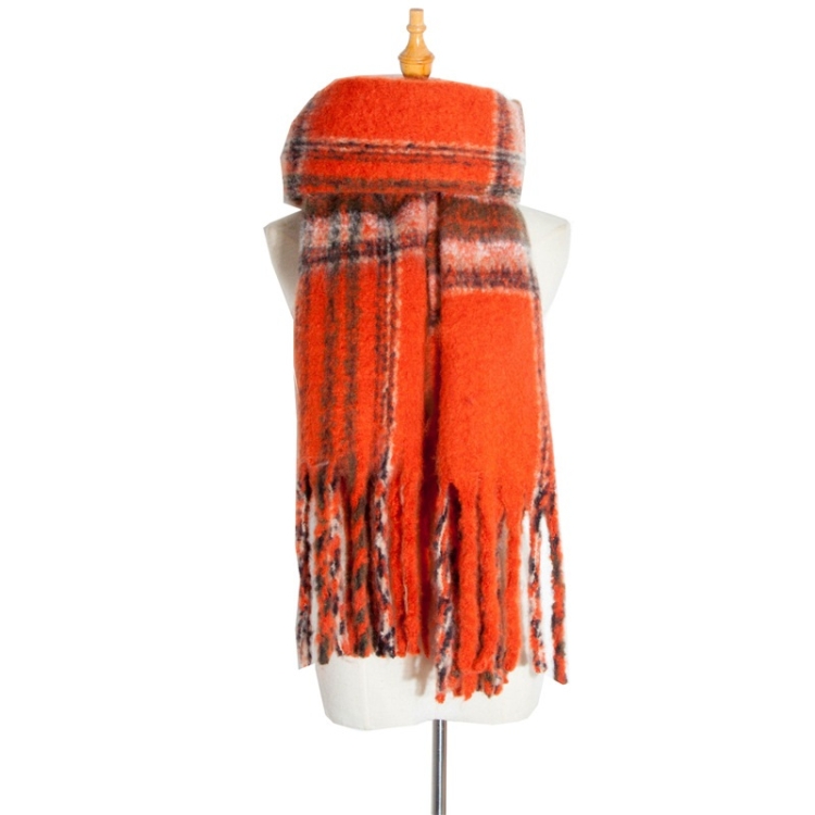 Autumn & Winter Polyester Ladies Warmth Thickened Fringed Fine Grid Scarf, Size:190cm(GWB12-04 Orange)