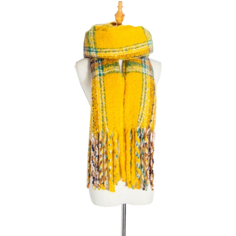 Autumn & Winter Polyester Ladies Warmth Thickened Fringed Fine Grid Scarf, Size:190cm(GWB12-05 Yellow)