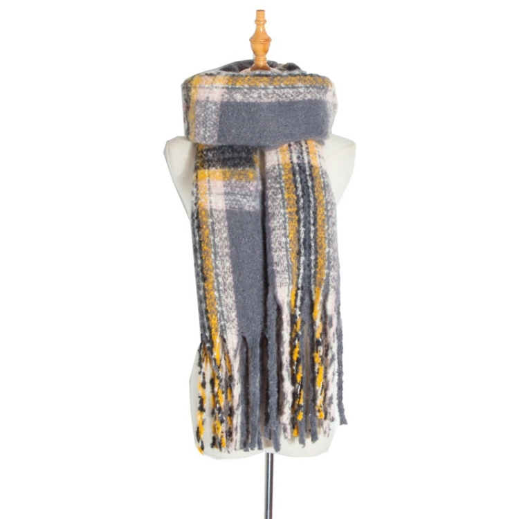 Autumn & Winter Polyester Ladies Warmth Thickened Fringed Fine Grid Scarf, Size:190cm(GWB12-08 Grey)
