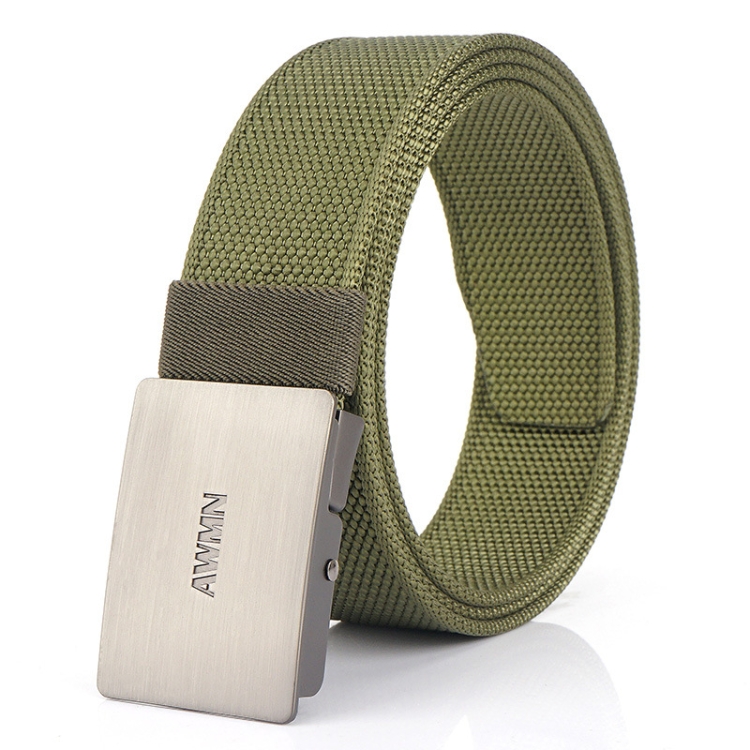 AWMN Men Nylon Canvas Cargo Jeans Casual Buckle Belt, Length: 120cm(Silver Buckle Army Green)
