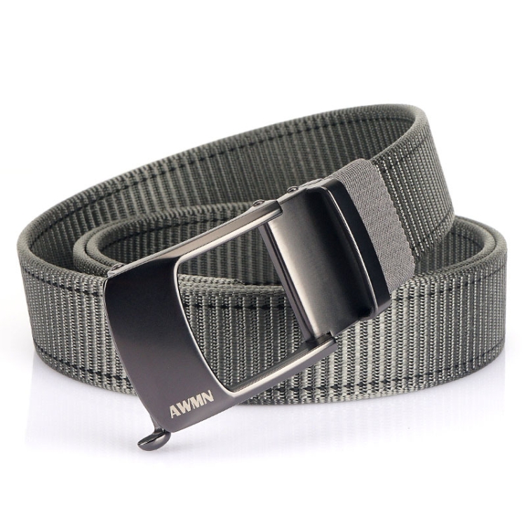 AWMN Men Nylon Cutout Automatic Buckle Toothless Belt, Length: 120cm(Dark Gray Black Line)