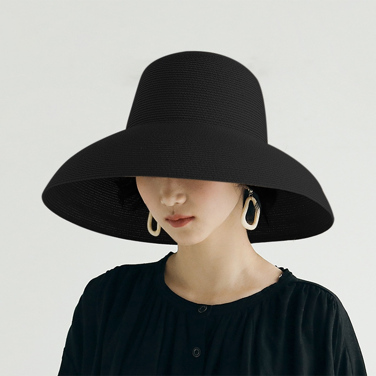 Big Eaves Straw Hat Female Summer Sunscreen Basin Hat Beach Vacation Sunhat Fisherman Hat, Colour: Black(M(56-58cm))
