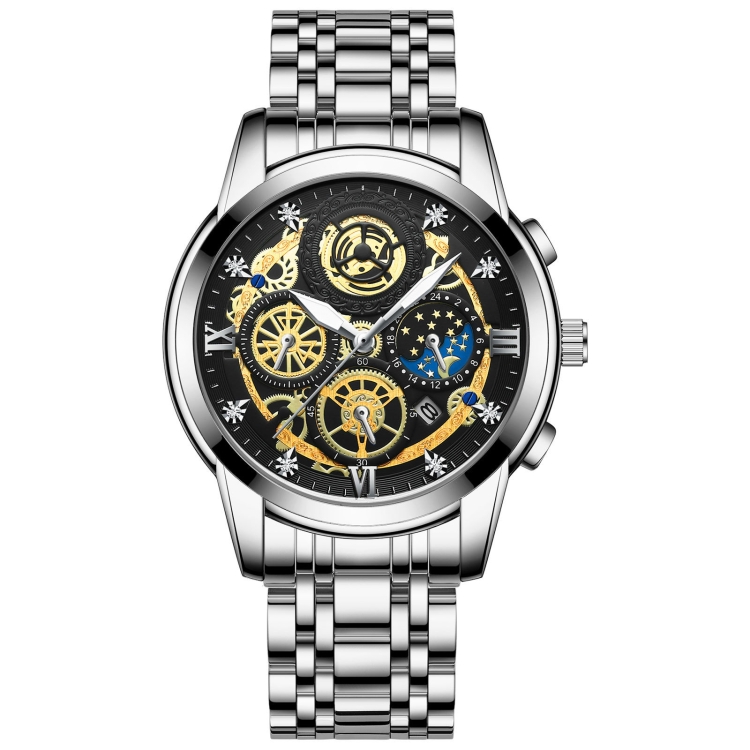BINBOND 4010 Multifunctional Waterproof Hollowed Luminous Quartz Watch(White Steel Black Surface)