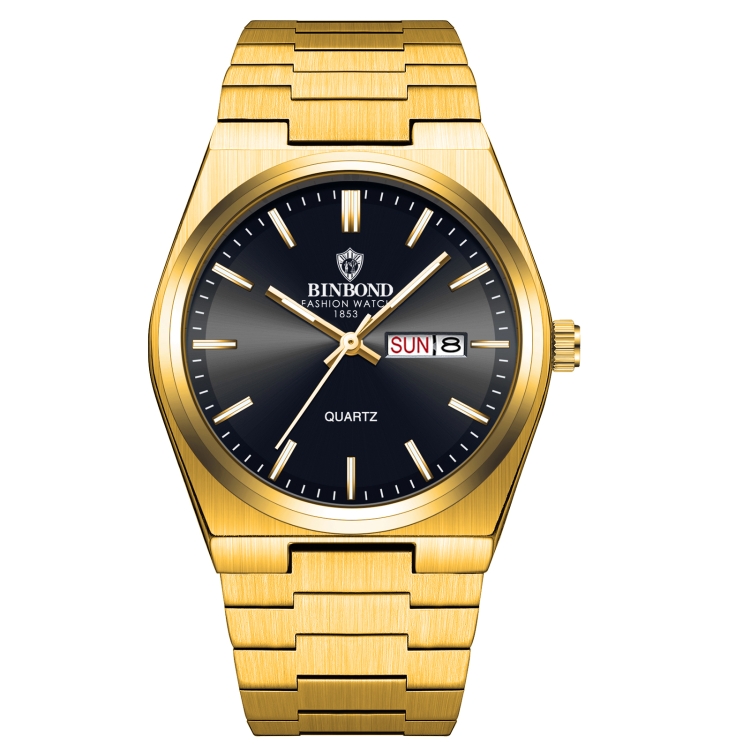 BINBOND B102 Dual-calendar Leisure Waterproof Luminous Quartz Watch, Color: Full-gold-Black