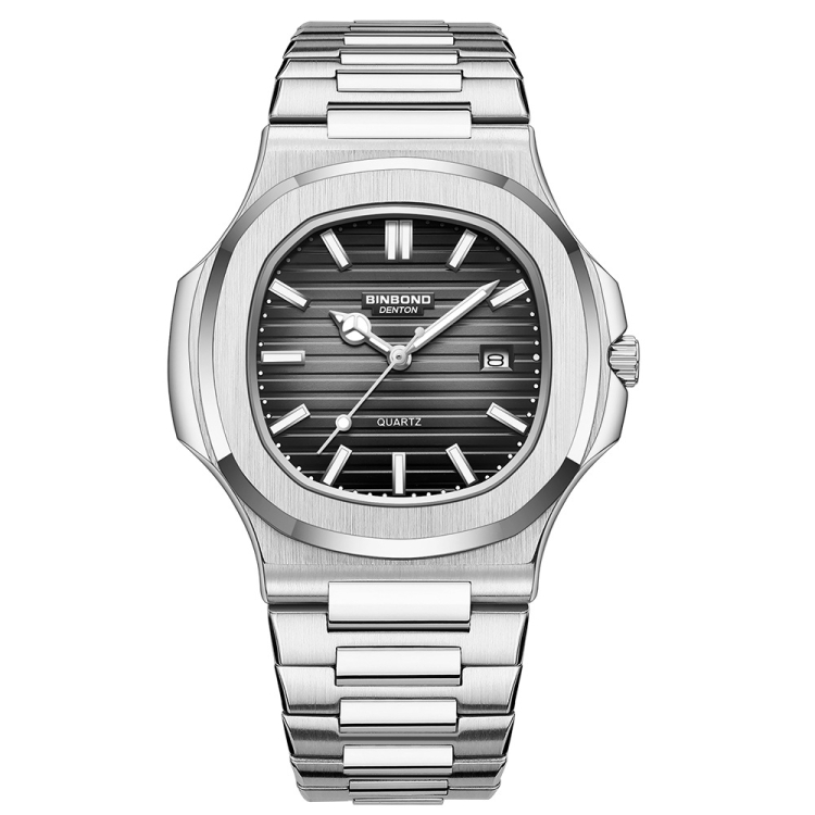 BINBOND B1885 30m Waterproof Retro Luminous Square Men Quartz Watch, Color: White Steel-Black