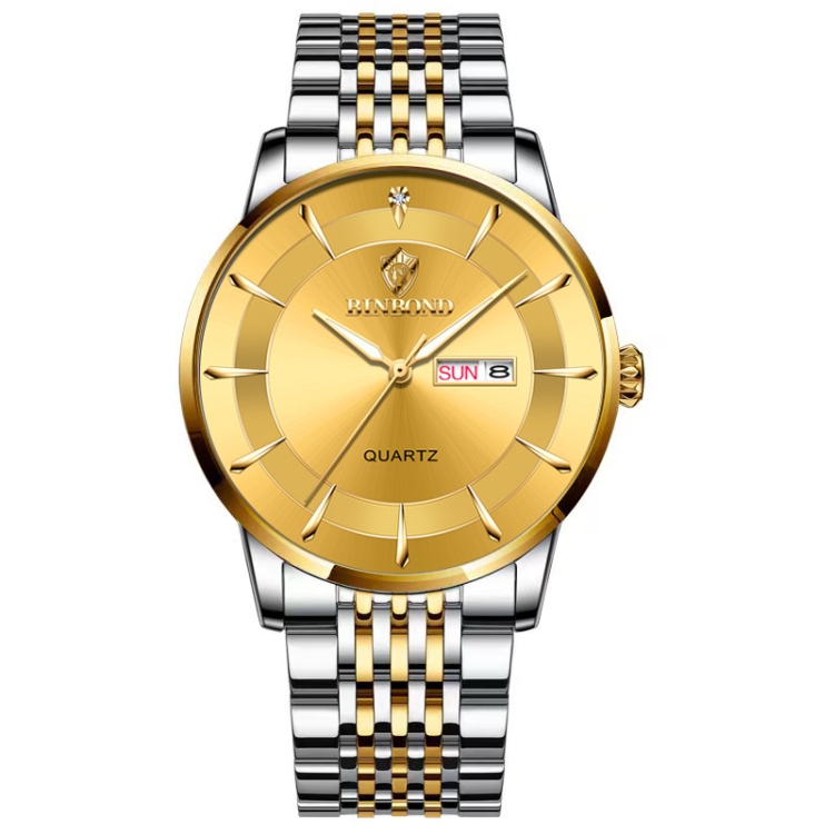 BINBOND B2077 30M Waterproof Quartz Luminous Watch Butterfly Buckle Men's Steel Belt Watch(Inter-gold-Gold)