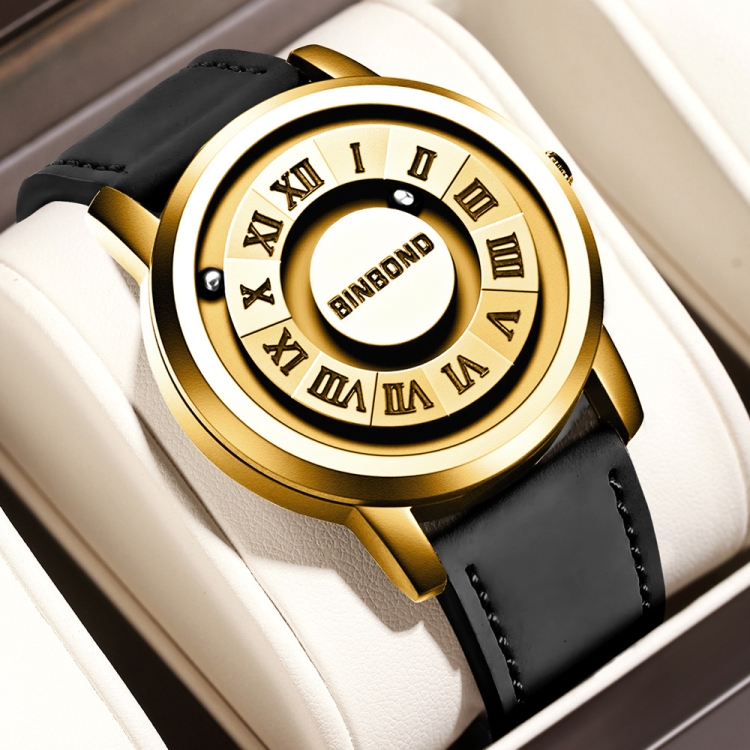 BINBOND B234 30m Waterproof Magnetic Suspension Watch, Color: Black Leather-Full Gold-Gold