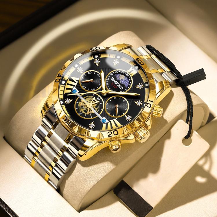 BINBOND B3103 30M Waterproof Flywheel Luminous Quartz Watch, Color: Inter-gold Black Gold Nail