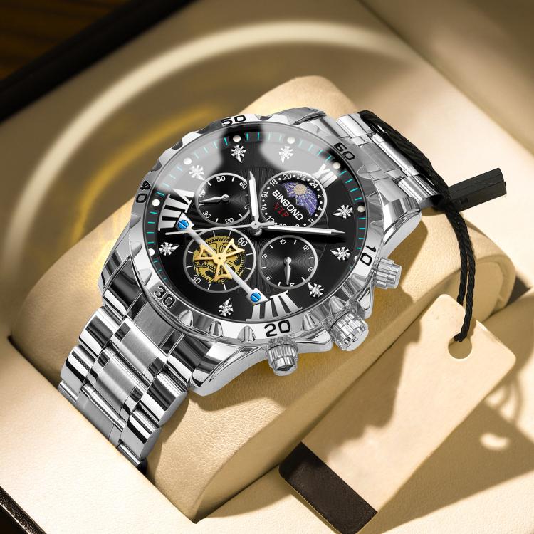 BINBOND B3103 30M Waterproof Flywheel Luminous Quartz Watch, Color: White Steel-Black Surface