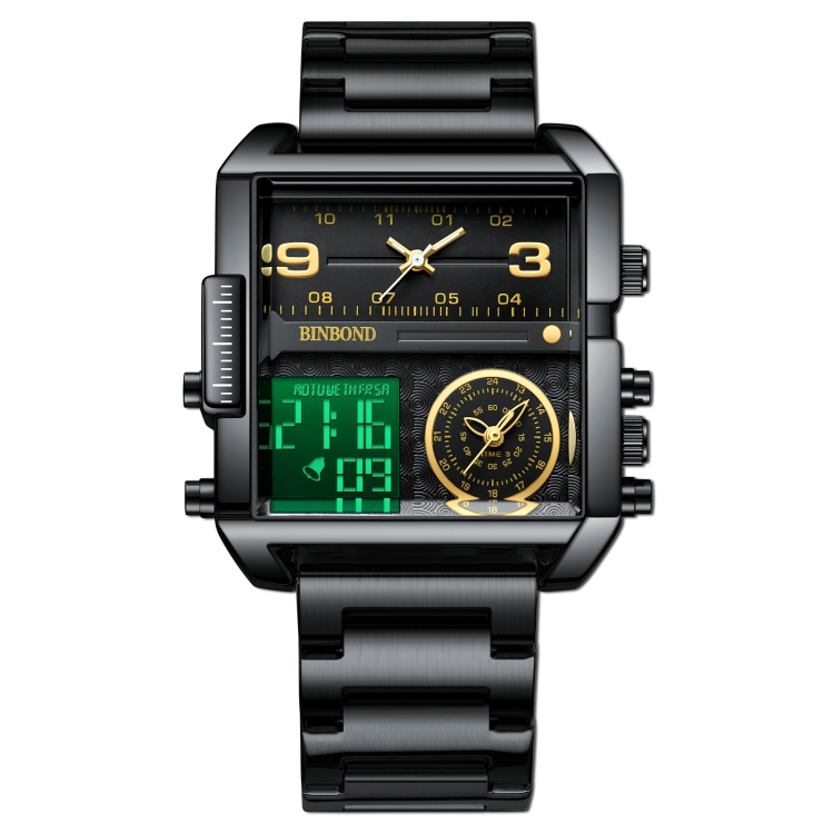 BINBOND B3332 Square Multifunctional Sports Quartz Waterproof Watch(Black Steel-Black-Gold)