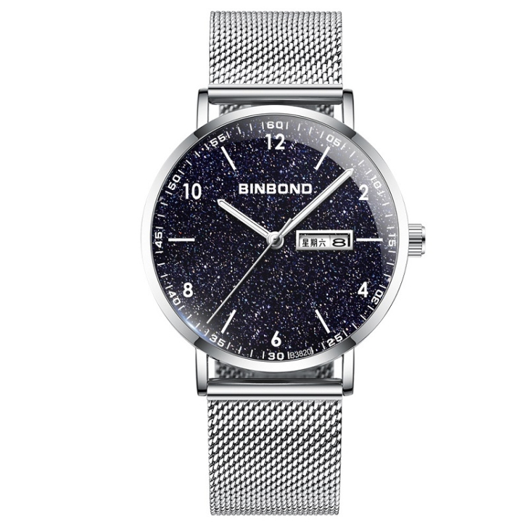BINBOND B3820 Men Simple Luminous Quartz Watch Student Trendstarry Starry Sky Pattern Watch(White Net White Shell White Nails)