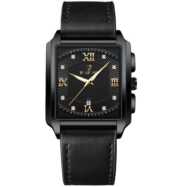 BINBOND B4143 Rectangular Outdoor Men Waterproof Quartz Watches(Black Leather-Black Steel-Gold)