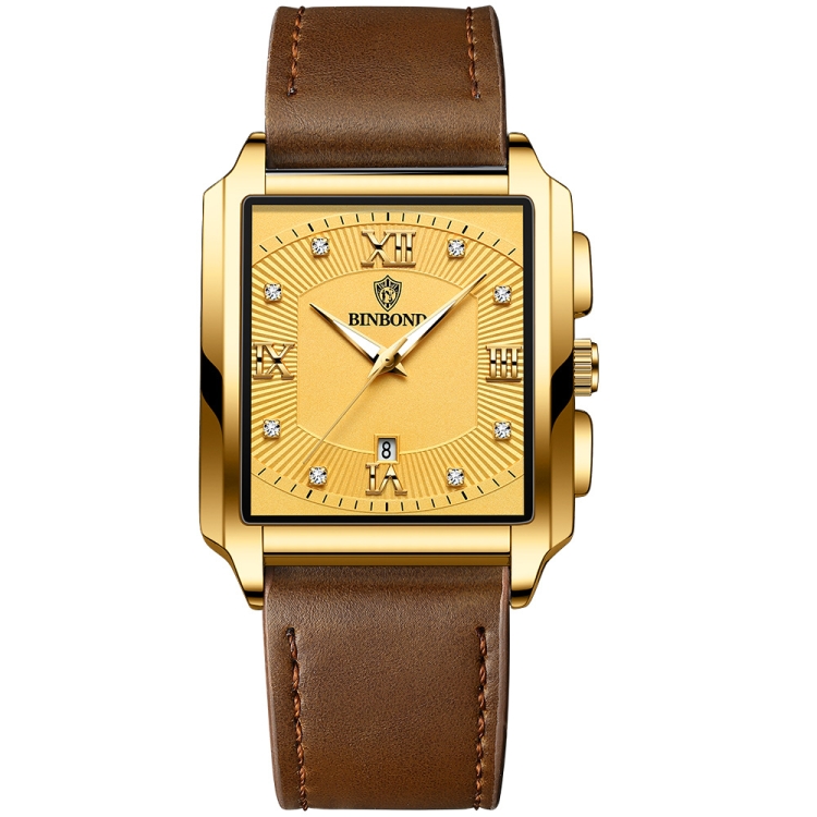 BINBOND B4143 Rectangular Outdoor Men Waterproof Quartz Watches(Brown Leather-Full Gold)