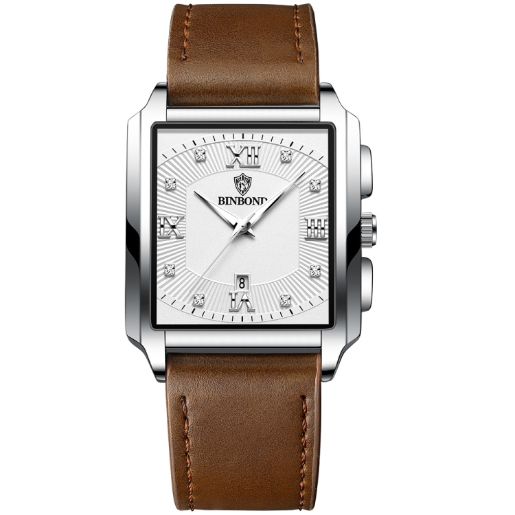BINBOND B4143 Rectangular Outdoor Men Waterproof Quartz Watches(Brown Leather-White Steel)