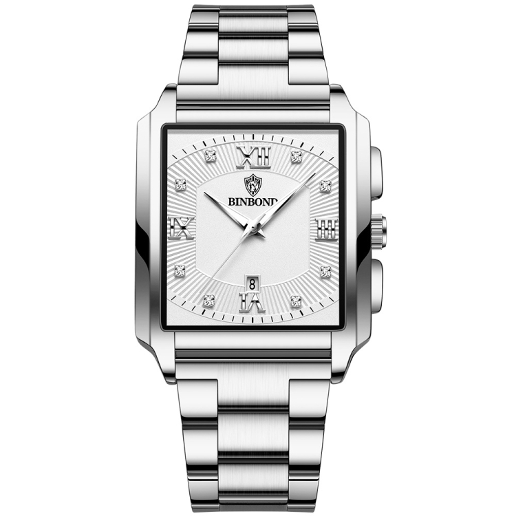 BINBOND B4143 Rectangular Outdoor Men Waterproof Quartz Watches(White Steel-White)