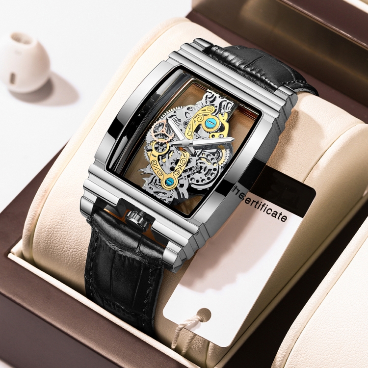 BINBOND B5011 Gear Hollow Outdoor Waterproof Luminous Men Business Watches(Black Leather White Steel)