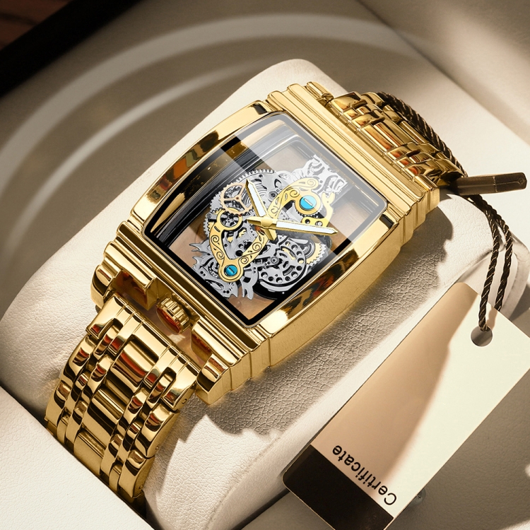 BINBOND B5011 Gear Hollow Outdoor Waterproof Luminous Men Business Watches(Full Gold Steel Belt)