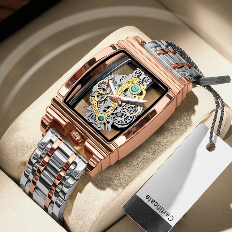 BINBOND B5011 Gear Hollow Outdoor Waterproof Luminous Men Business Watches(Rose Gold Steel Strap)