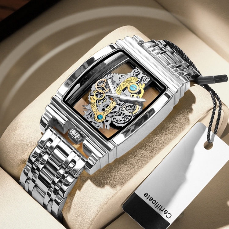 BINBOND B5011 Gear Hollow Outdoor Waterproof Luminous Men Business Watches(White Steel Steel Strap)