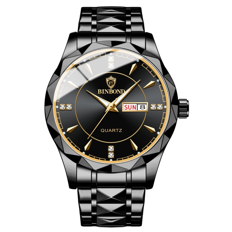 BINBOND B5552 Luminous Multifunctional Business Calendar Quartz Watch(Black Steel-Black-Gold)