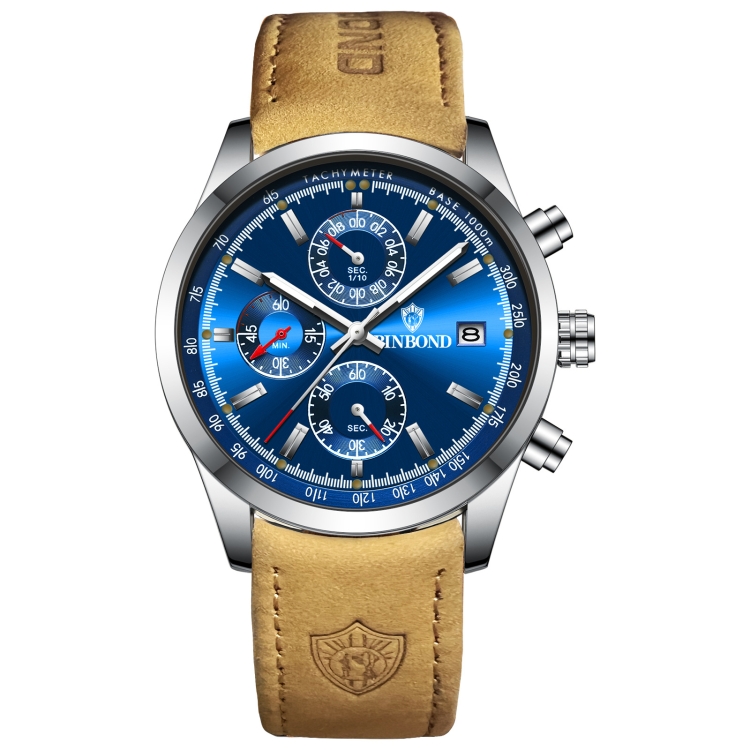 BINBOND B6022 30m Waterproof Luminous Multifunctional Quartz Watch, Color: Leather-White Steel-Blue