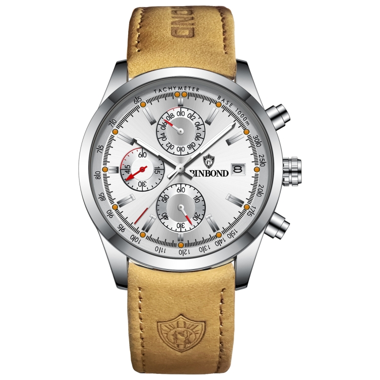 BINBOND B6022 30m Waterproof Luminous Multifunctional Quartz Watch, Color: Leather-White Steel-White