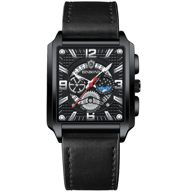 BINBOND B6575 Men Vintage Square Multifunctional Luminous Quartz Watch, Color: Black Leather-Black-Black