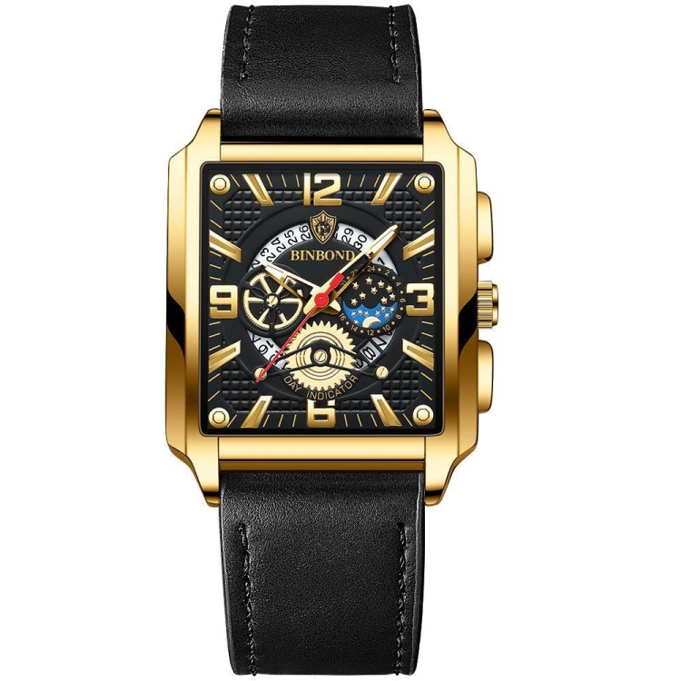 BINBOND B6575 Men Vintage Square Multifunctional Luminous Quartz Watch, Color: Black Leather-Full Black-Black