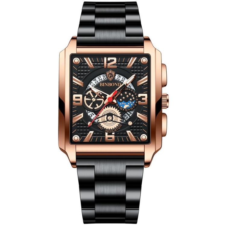 BINBOND B6575 Men Vintage Square Multifunctional Luminous Quartz Watch, Color: Black-Rose Gold-Black-Rose
