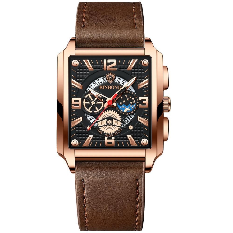 BINBOND B6575 Men Vintage Square Multifunctional Luminous Quartz Watch, Color: Brown Leather-Rose Gold-Black