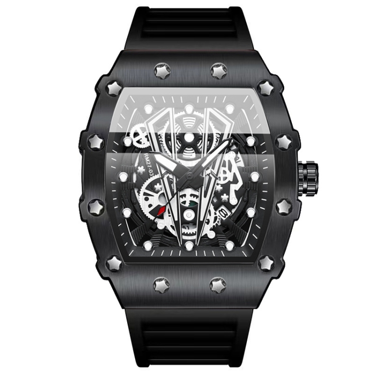 BINBOND B6577 Barrel Shape 30m Waterproof Sports Quartz Watch(Brushed-Black Silicone-Black-Black)