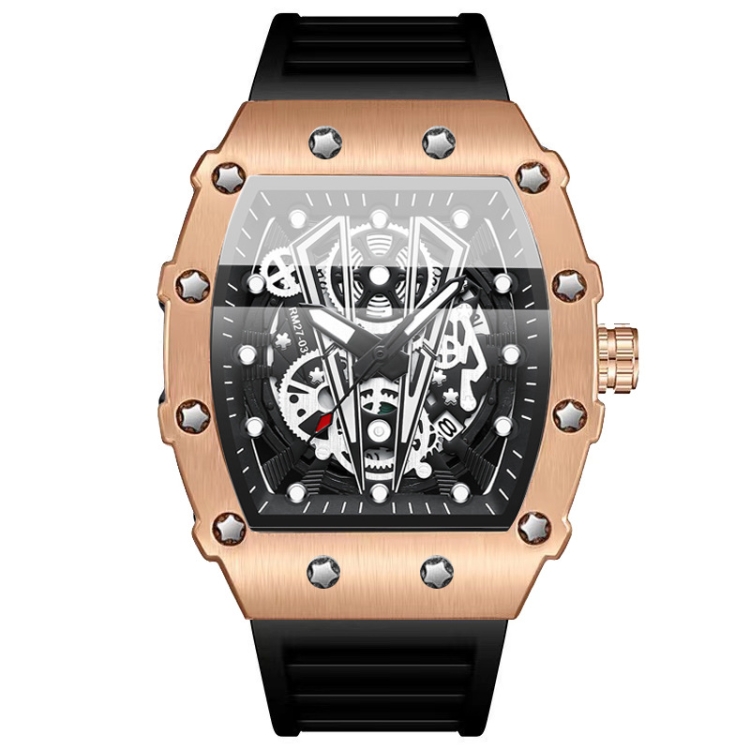 BINBOND B6577 Barrel Shape 30m Waterproof Sports Quartz Watch(Brushed-Black Silicone-Rose Gold-Black)