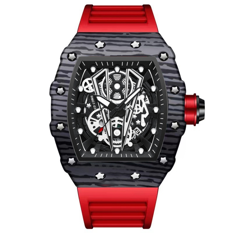 BINBOND B6577 Barrel Shape 30m Waterproof Sports Quartz Watch(Red Silicone-Black-Black)
