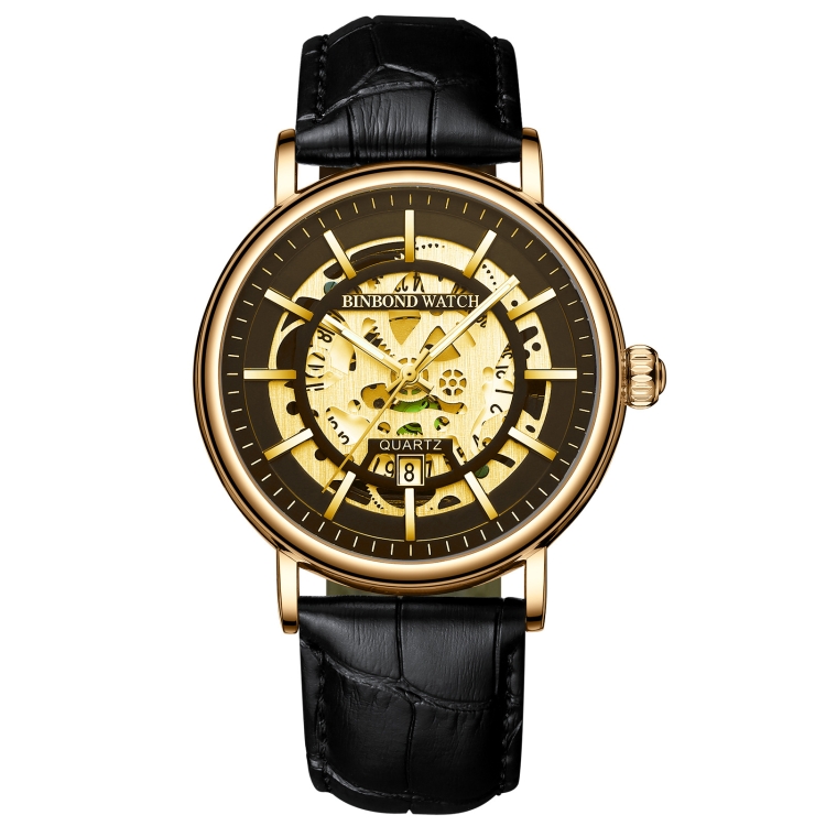 BINBOND B7872 Multifunctional Hollow Luminous Waterproof Quartz Watch, Color: Black Leather-Full-gold-Black