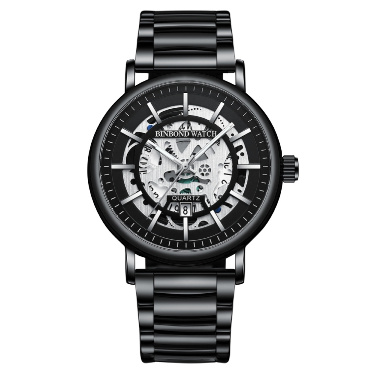 BINBOND B7872 Multifunctional Hollow Luminous Waterproof Quartz Watch, Color: Black Steel-Black-White