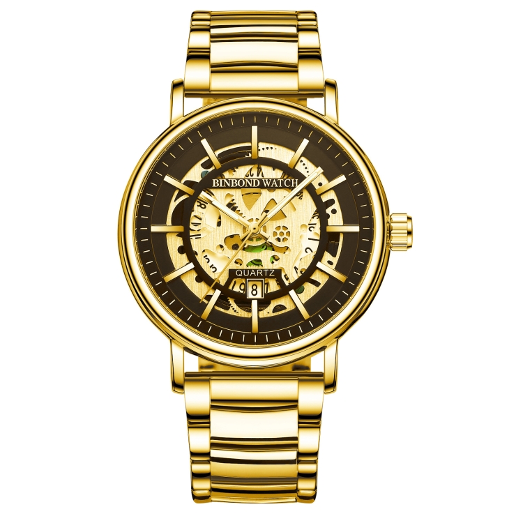 BINBOND B7872 Multifunctional Hollow Luminous Waterproof Quartz Watch, Color: Full-gold-Black-Gold