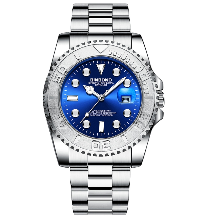 BINBOND B930 Metal Gear Luminous Quartz Watch 30M Waterproof Sports Watch, Color: White Steel-Blue