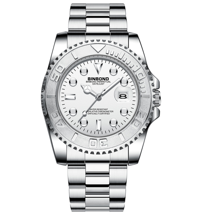 BINBOND B930 Metal Gear Luminous Quartz Watch 30M Waterproof Sports Watch, Color: White Steel-White