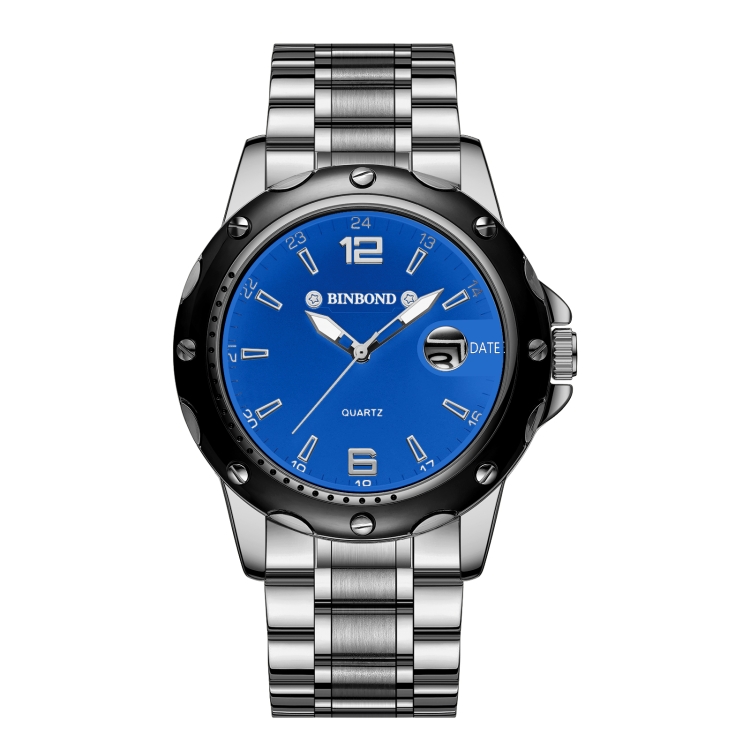 BINBOND B9696 Outdoor Calendar Luminous Waterproof Quartz Watch, Color: White Steel-Blue