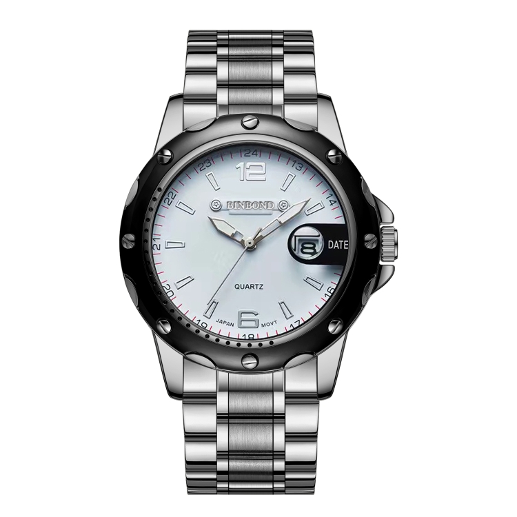 BINBOND B9696 Outdoor Calendar Luminous Waterproof Quartz Watch, Color: White Steel-White